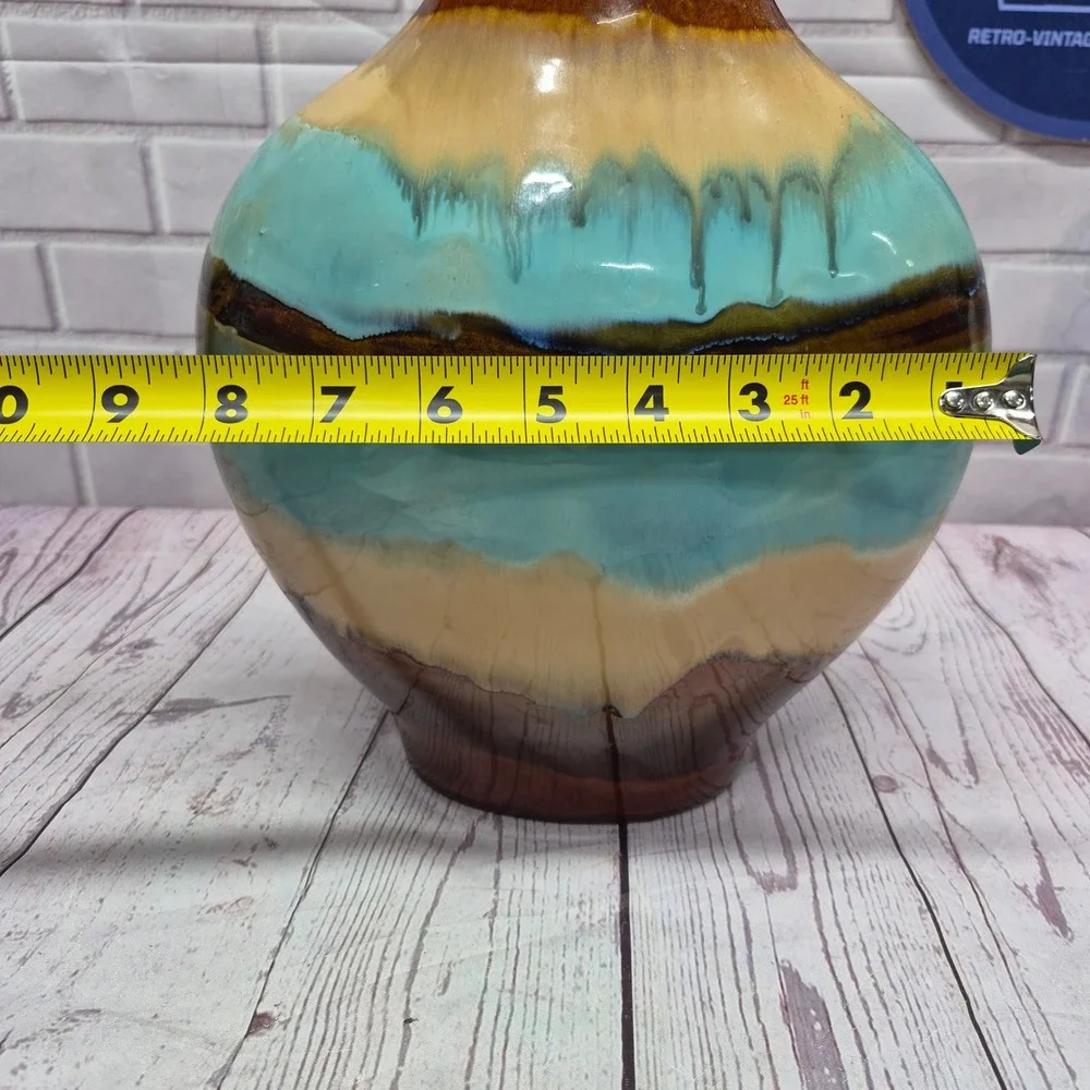 Vintage Drip Glaze Ceramic Vase Turquoise Brown Tan Bulbous Pottery Decor 10in